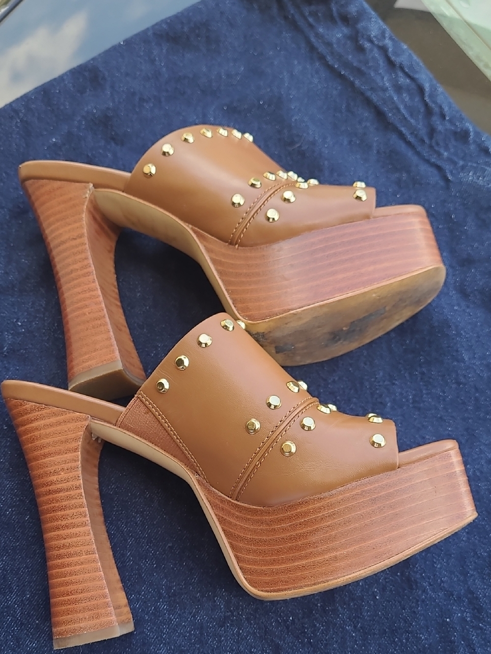 Michael Kors Sandals Platform Jagged Studded Brown Tan 6.5 Open Toe Leather Mule - Picture 6 of 7